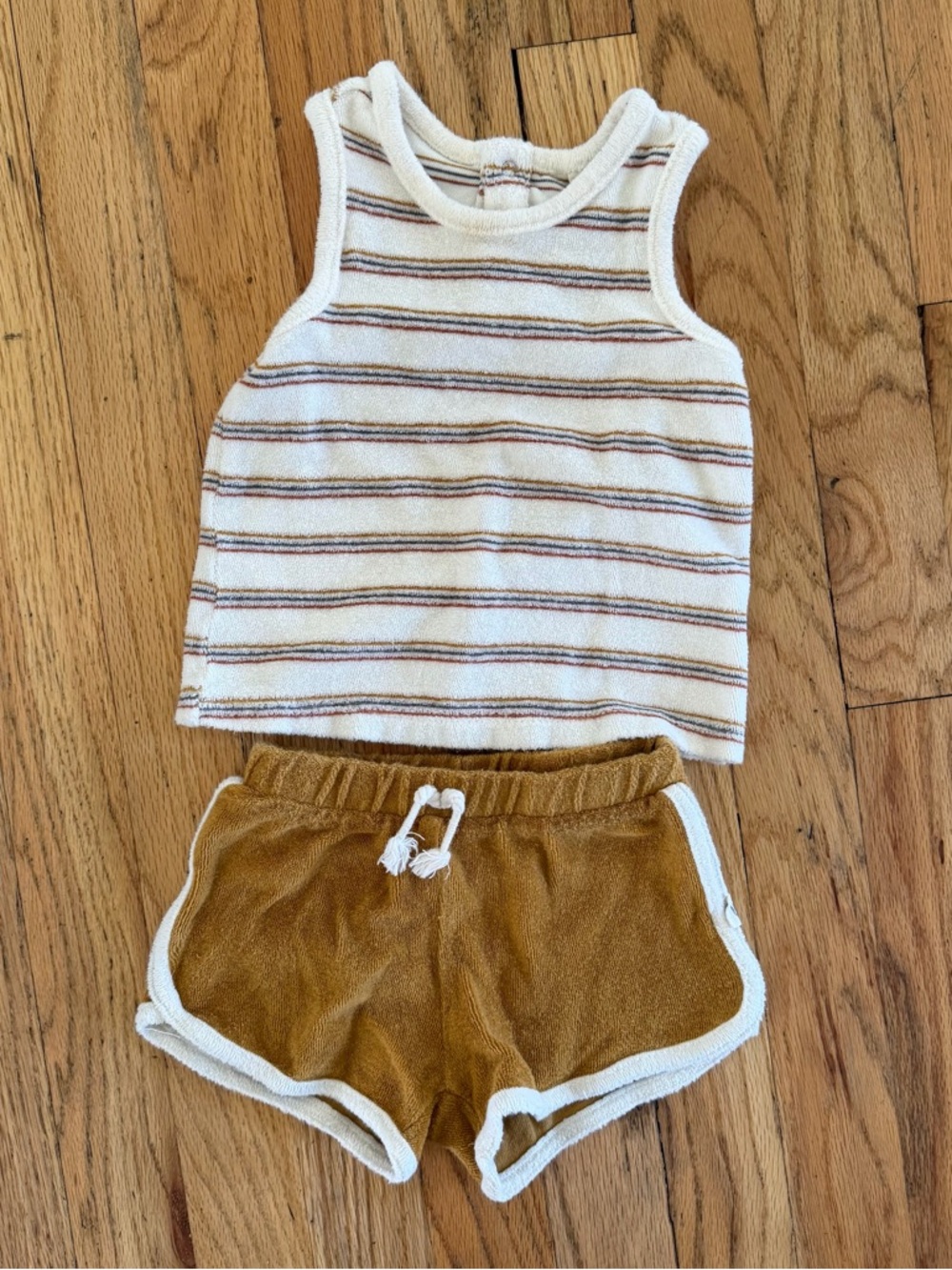 Striped Cream Tank Top & Mustard Terry Shorts Set